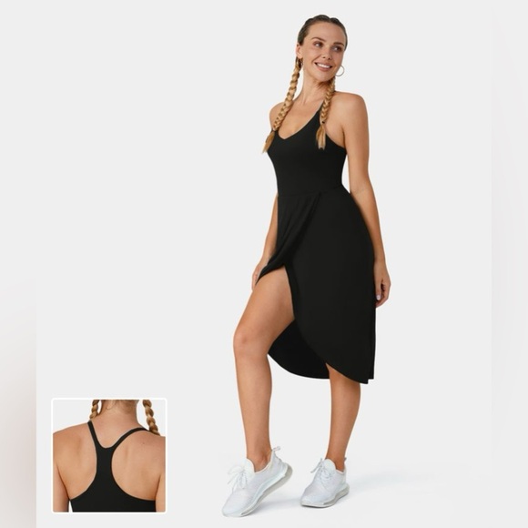 Halara Black Backless Racerback Asymmetric Hem Ruched Midi Dress-No Liner Shorts - Picture 1 of 11